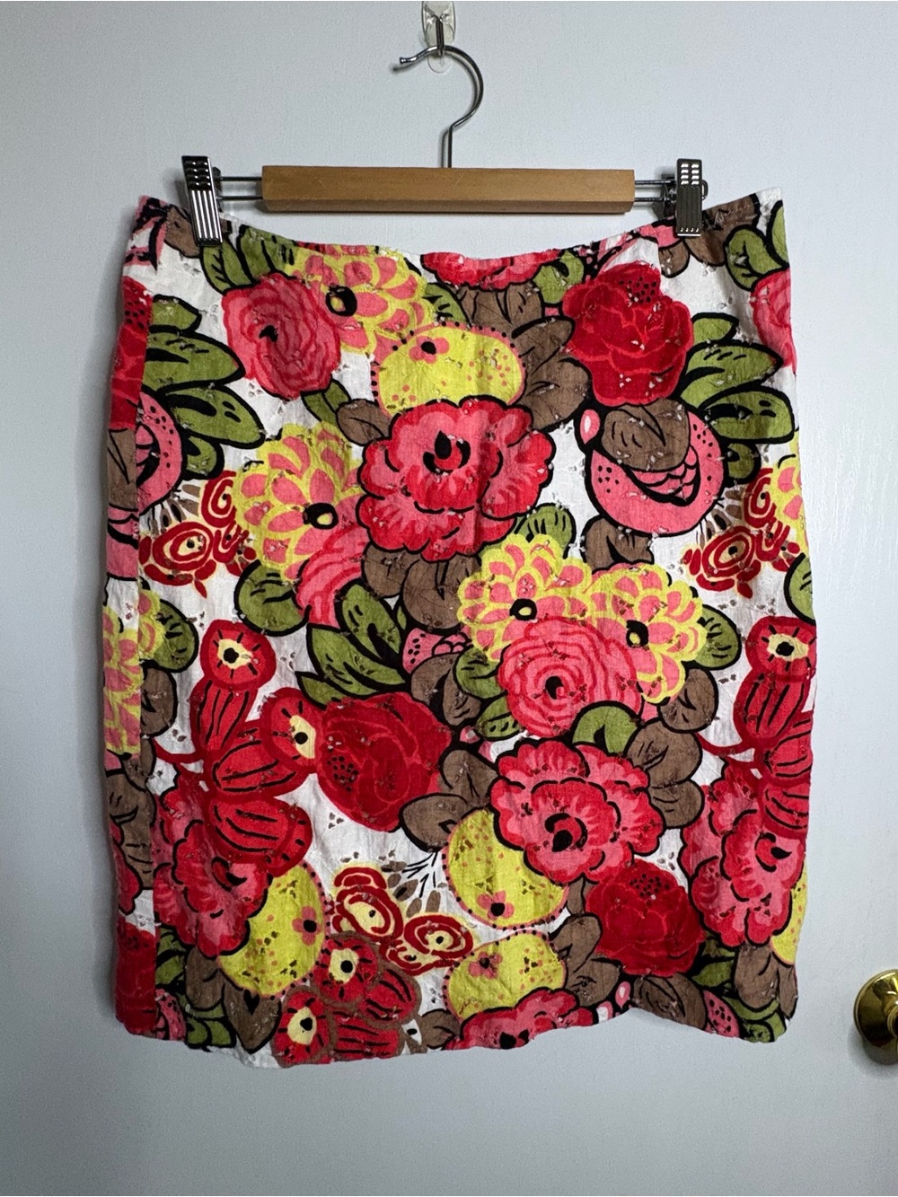 Cynthia Steffe Sz 14 Linen Floral Printed Eyelet Lined Pencil Knee Skirt Preppy